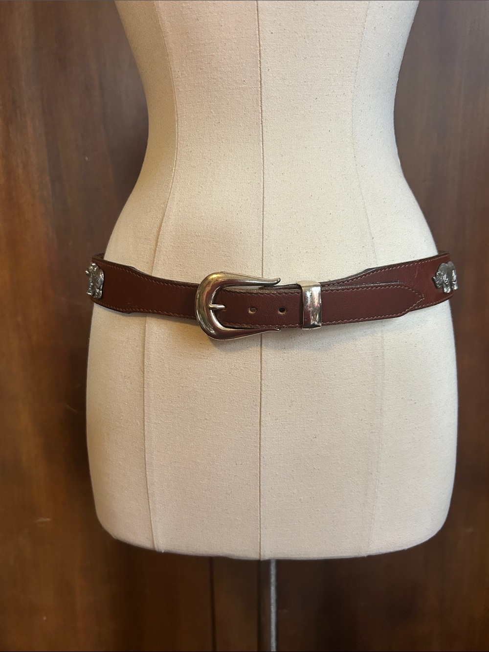 HONEST Brown Leather Belt with Silver Brass Endangered Species Conchos Buckle 32